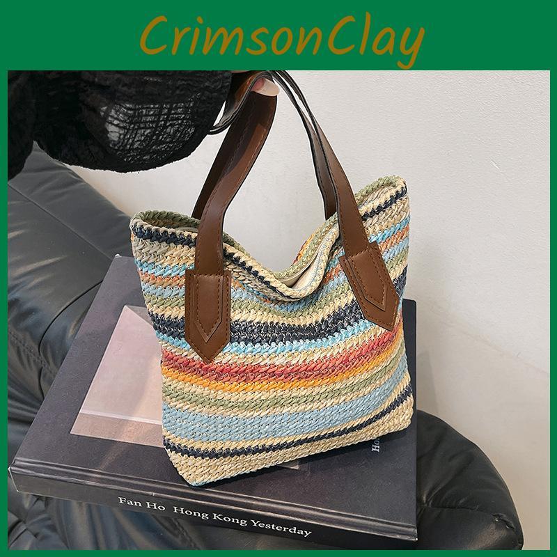 Casual Woven Tote Bag With Colorful Stripes And Inner Phone Pocket For Daily Use
