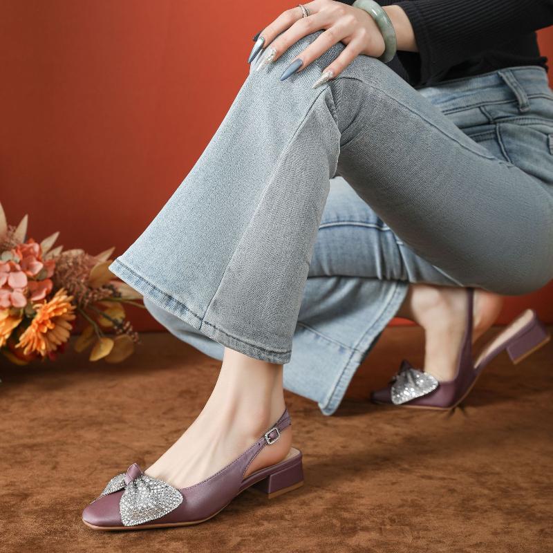 Women's French Crystal Embellished Chunky Heel Purple Sandals Open Back Square Toe Bow Summer Shoes