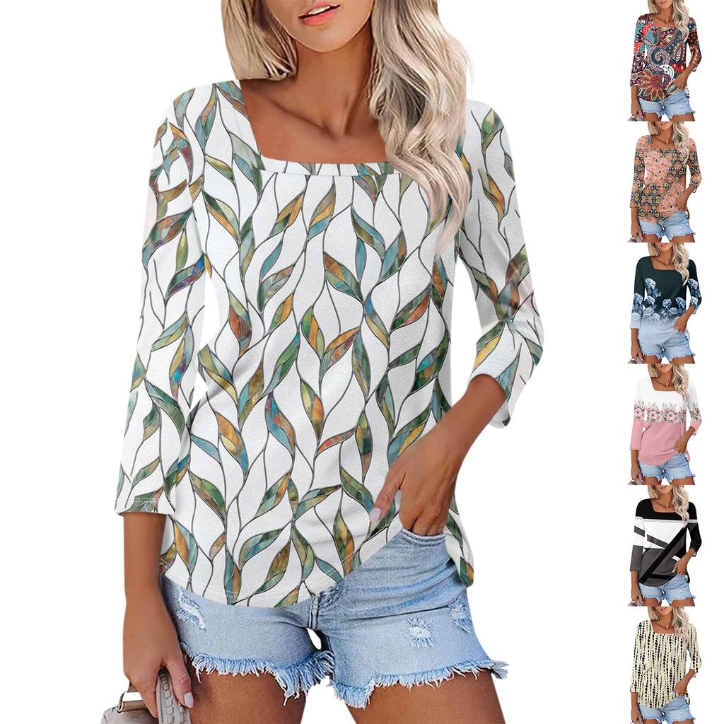 Women's 3/4 Sleeve Square Neck Floral Shirt Casual Loose Tunic Top