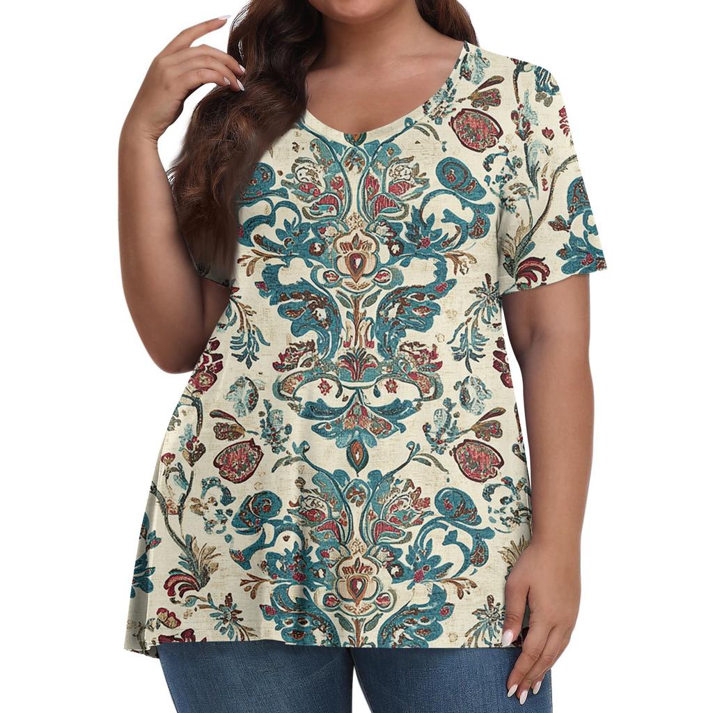 Women's Fashion Casual V-Neck Pullover Short Sleeve Large Size Vintage Printed Top