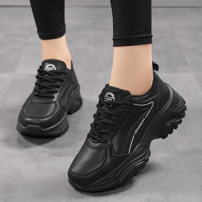 Zwarte Waterdichte Leren Sneakers voor Dames - Dikke Zool, Lichtgewicht, Antislip Casual Reisschoenen