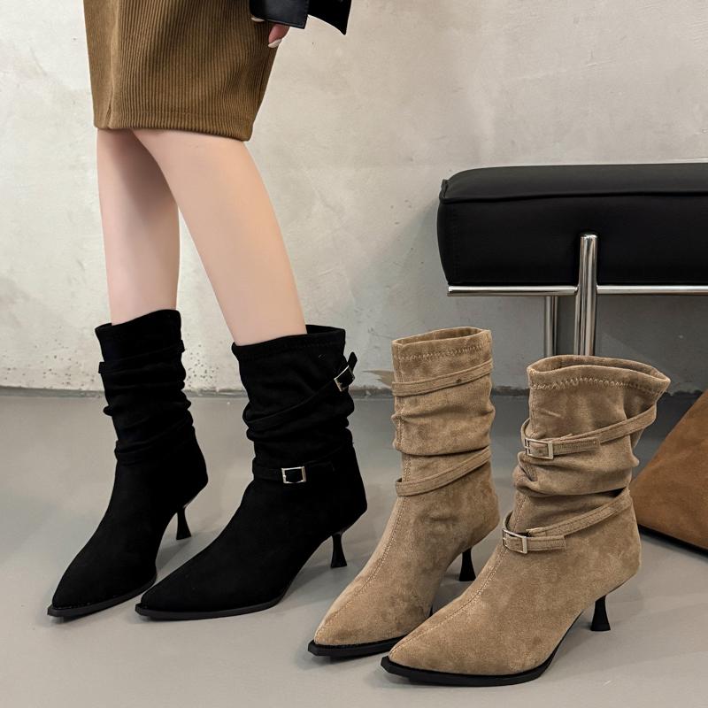 New Women's Pleated Women's Knee-high High Heels Ladies Pointed Knight Boots High Quality Knee High Boots Zapatos Mujer