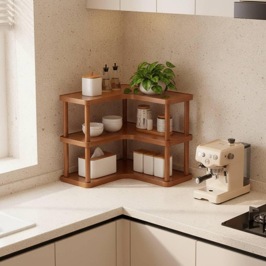 3-Level Bamboo Corner Desk Organizer Shelf Rounded Corners