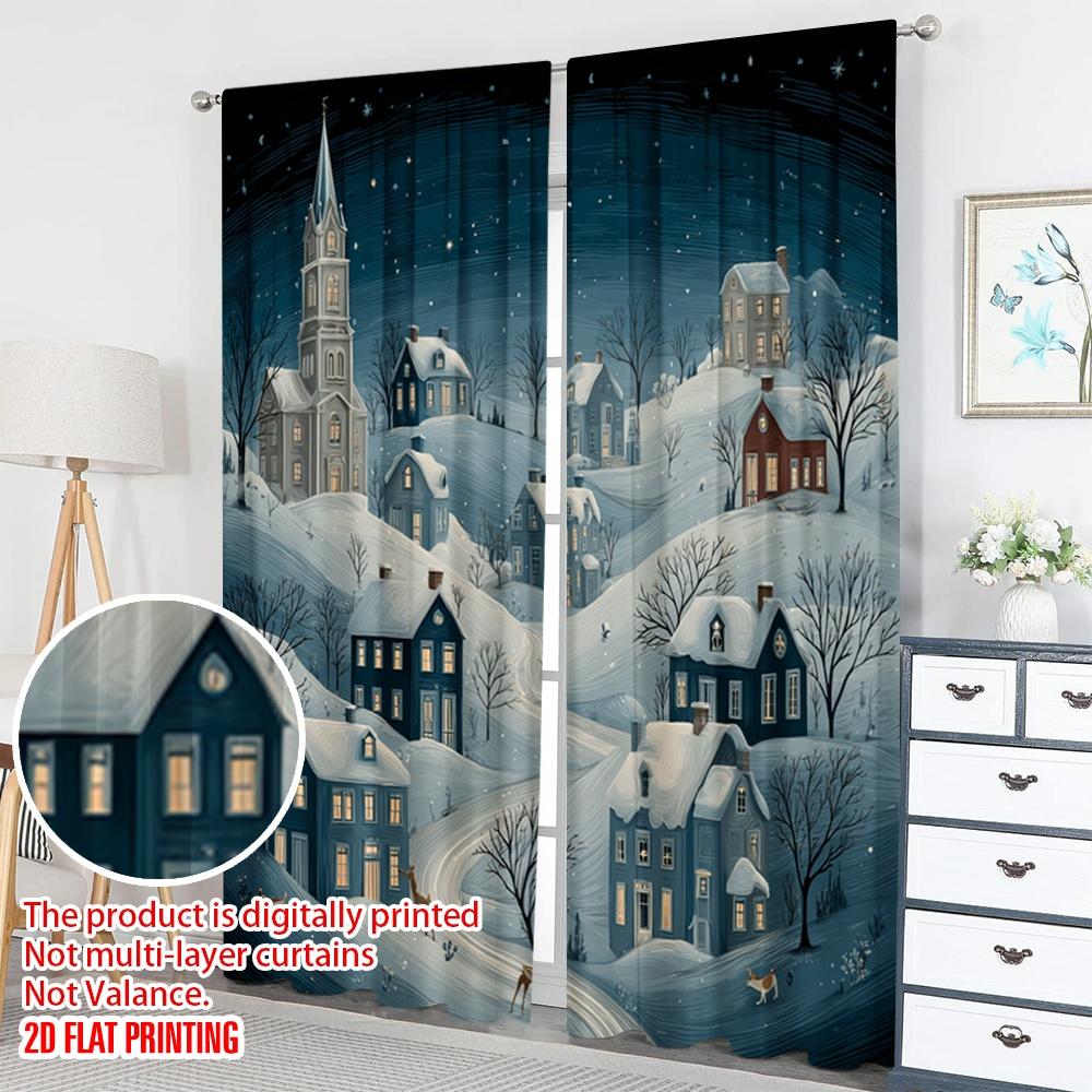 2pcs 2D Flat Printing Christmas Classic Hot Curtains Cozy Winter Village Snowscape Digital Printed Polyester Drapes Family Party