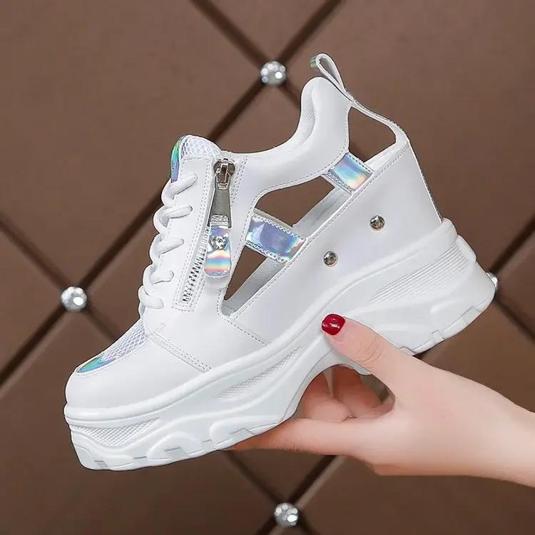 Fashion 2025 Summer Women Sandals 9cm Wedges Hollow Out Sneakers Ladies Breathable Mesh Platform Casual Shoes Woman White Shoes