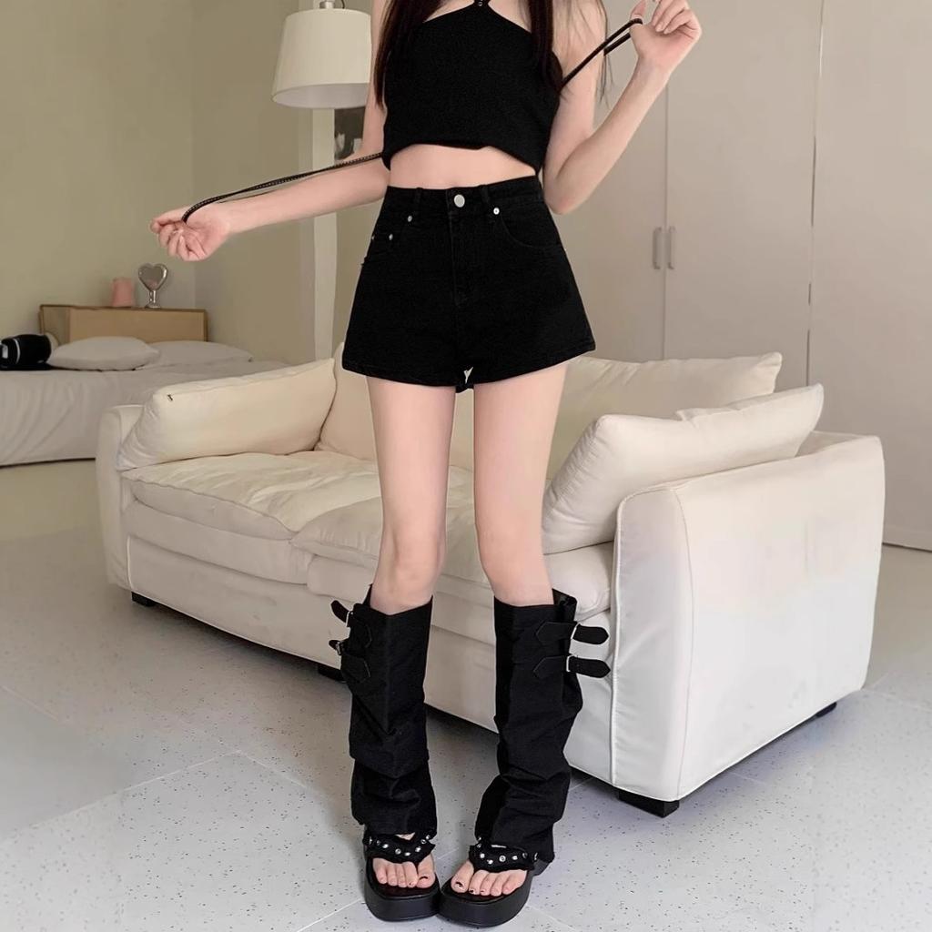 Women's Plus Size Black Denim Shorts High Waist Embroidery Slim Straight Hot Pants