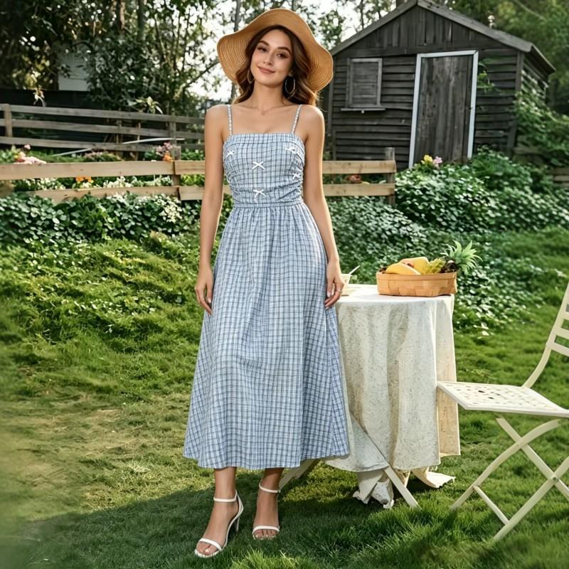Womens Blue Plaid Slip Dress Vintage Cottagecore Long Vacation