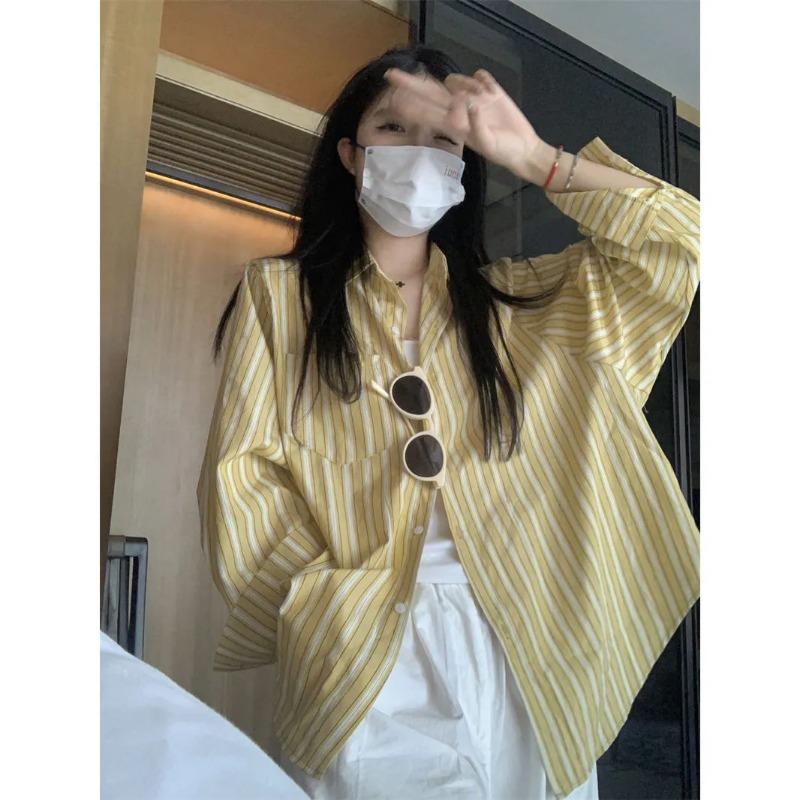 Hong Kong Style Vertical Striped Shirt New Style College Style Loose and Versatile Long-sleeved Shirt Spring and Autumn Wear for Women