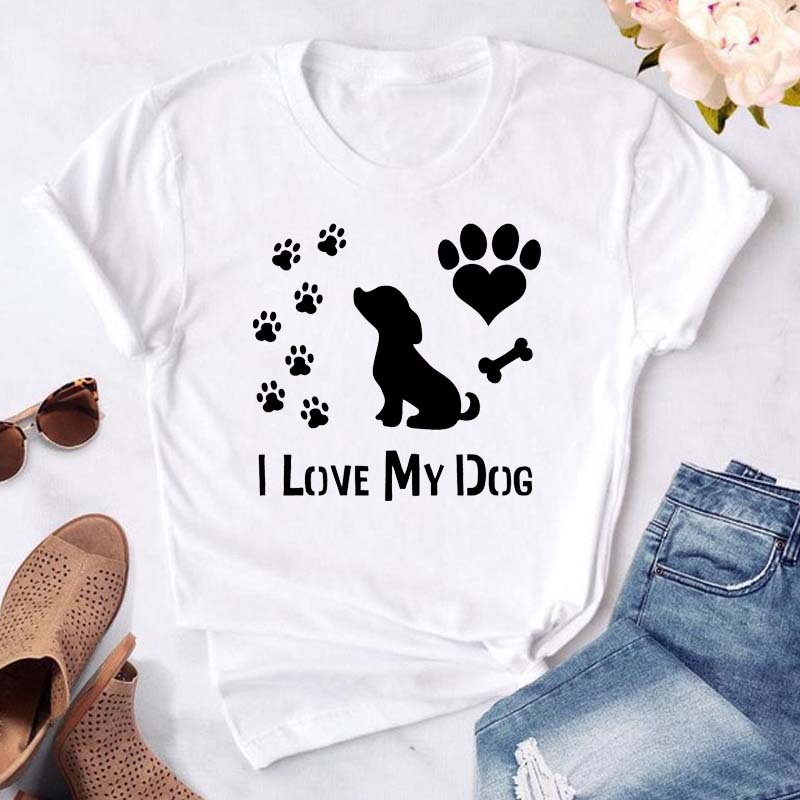 Women Dogs Paws Love Heart Printed T-shirts Fashion Summer Short Sleeve Lady Womens Clothes Tops T-Shirt Black Shirt Tees Female