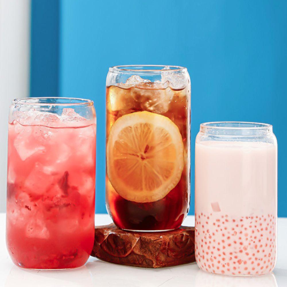 With Straw and Lid Glass Can Shaped Cups Spill-Proof Bubble Tea Cup Glass Drink Cup  Milk Tea