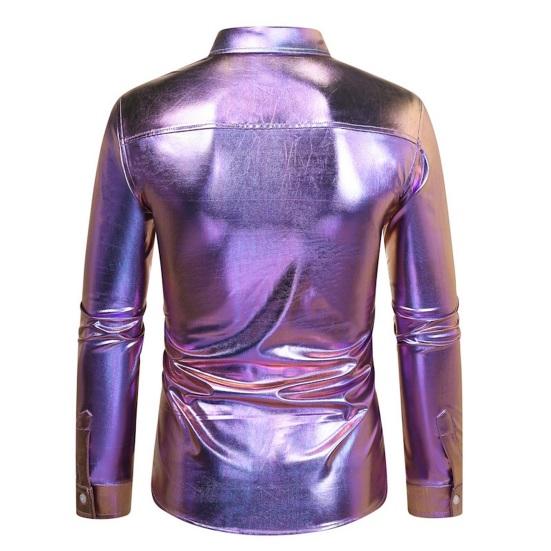 Men Disco Shirt Shiny Golden Sequin Metallic Dress Shirt Lapel Long Sleeve
