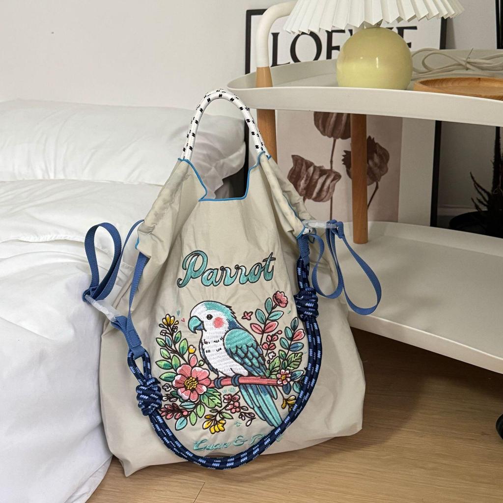 Trendy Large-Capacity Japanese-Style Nylon Embroidery Shoulder Bag for Women