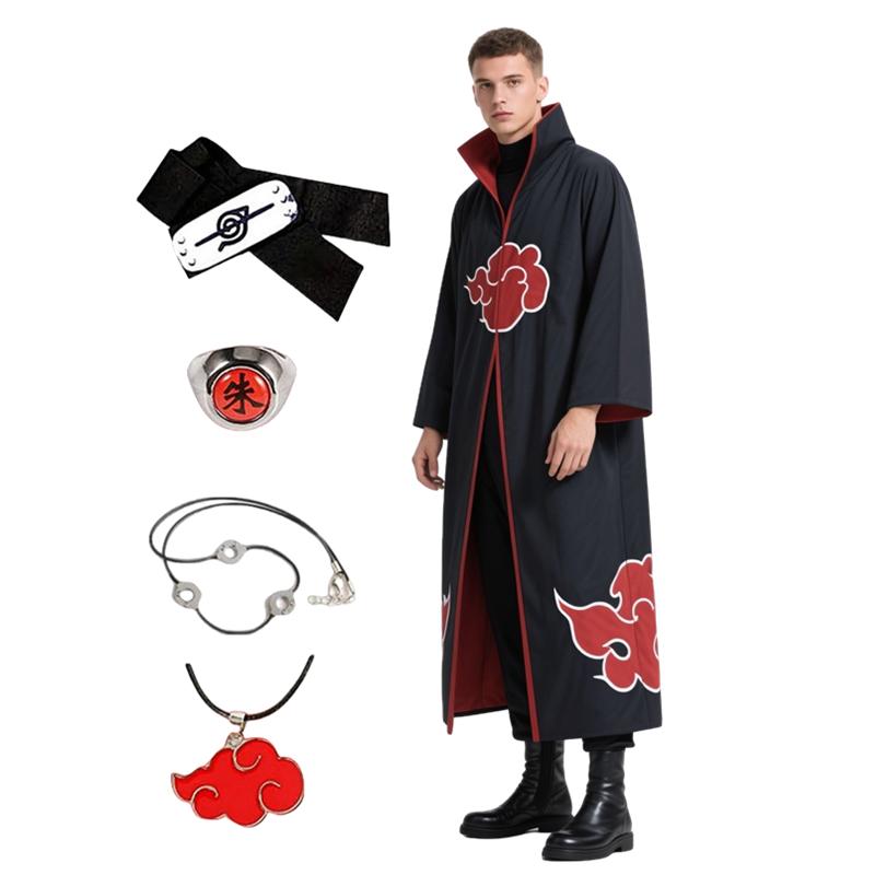 Cosplay Fantasia Akatsuki Anime Túnica Nuvem Vermelha com Conjunto de Colar, Tiara e Anel para Role Play Fantasia de Jogo Infantil e Adulto