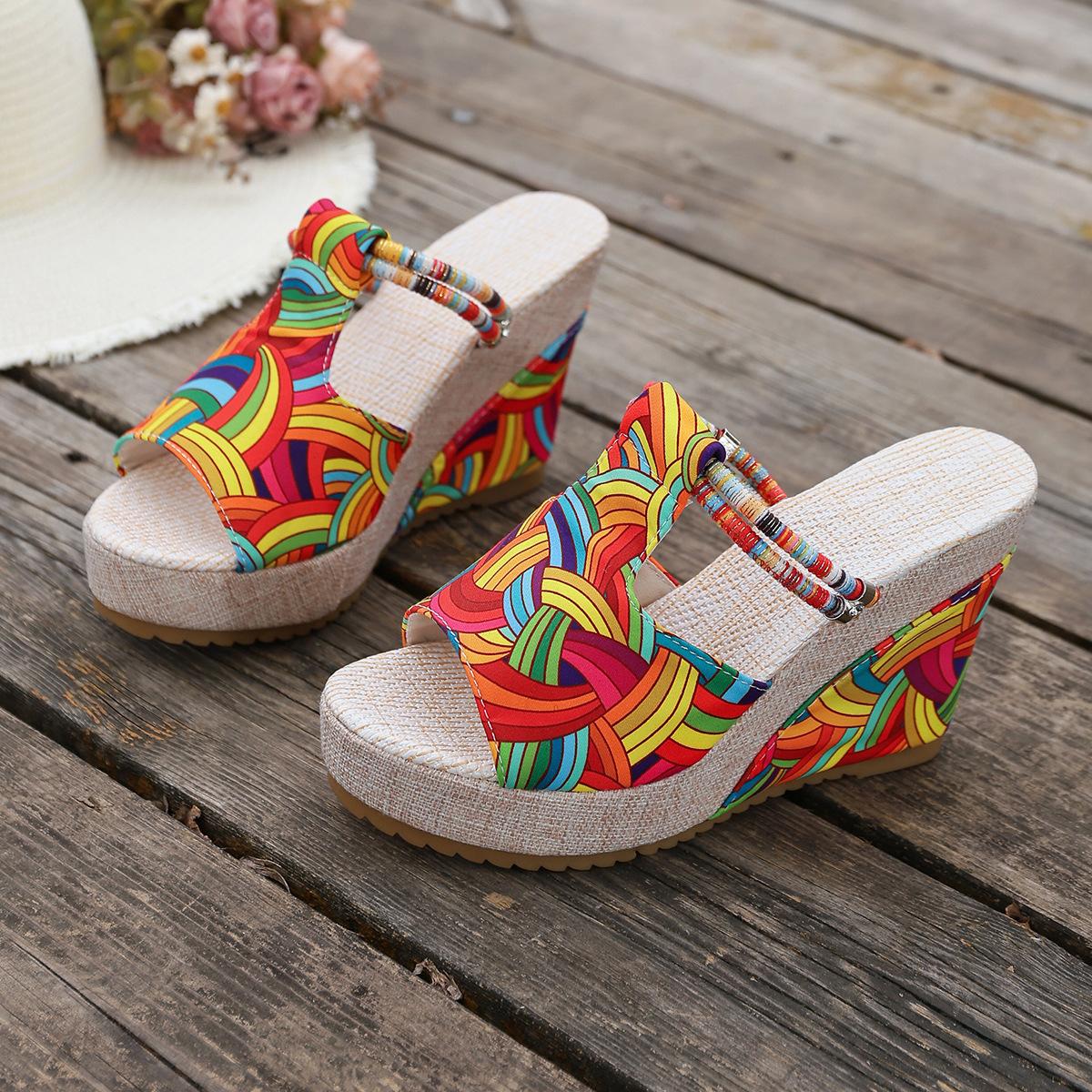 Bohemian color cool slippers new wedge slippers one-character medium heel casual beach slippers 35