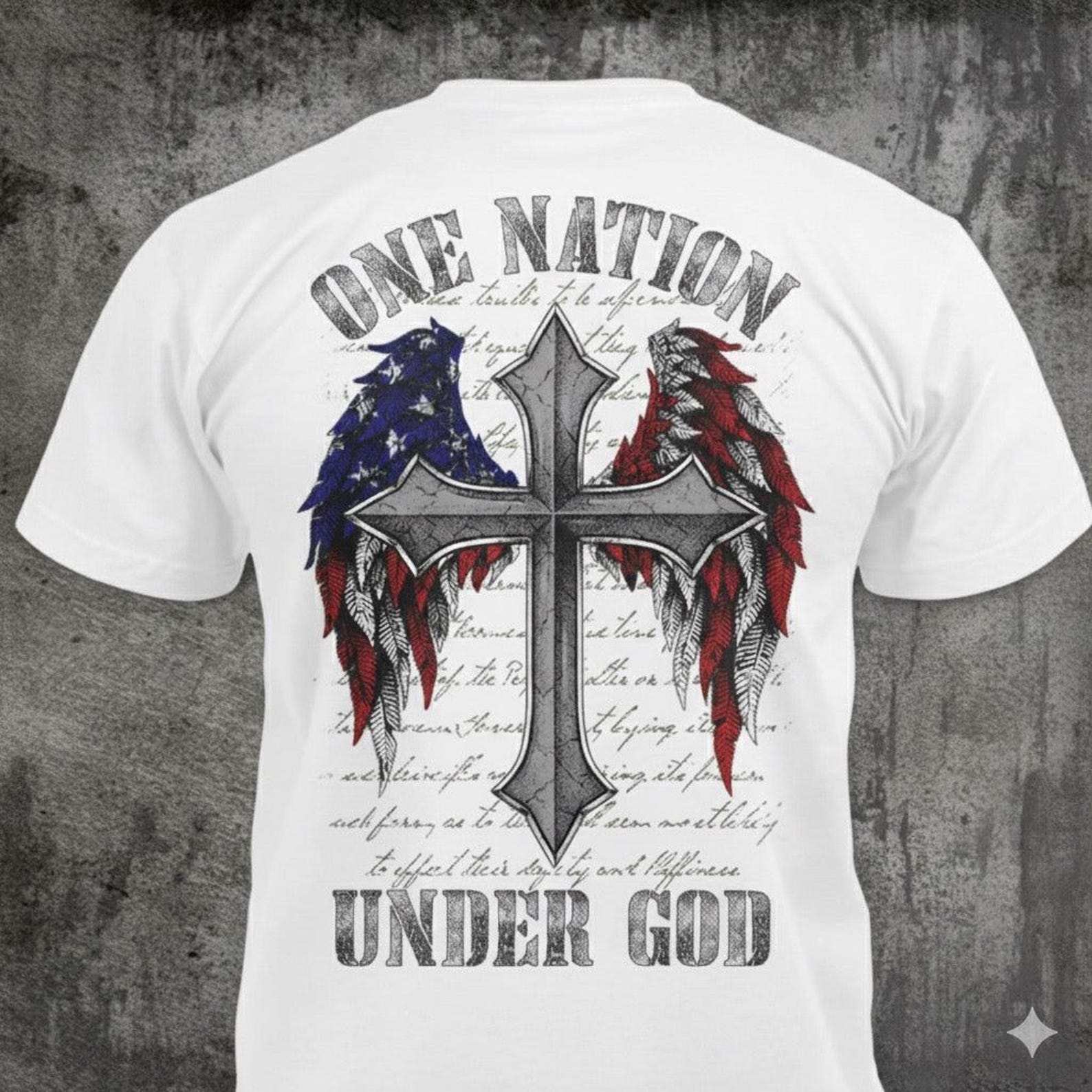 One Nation Under God - Distressed Patriotic Cross Wings T-Shirt: Christian American Gift L