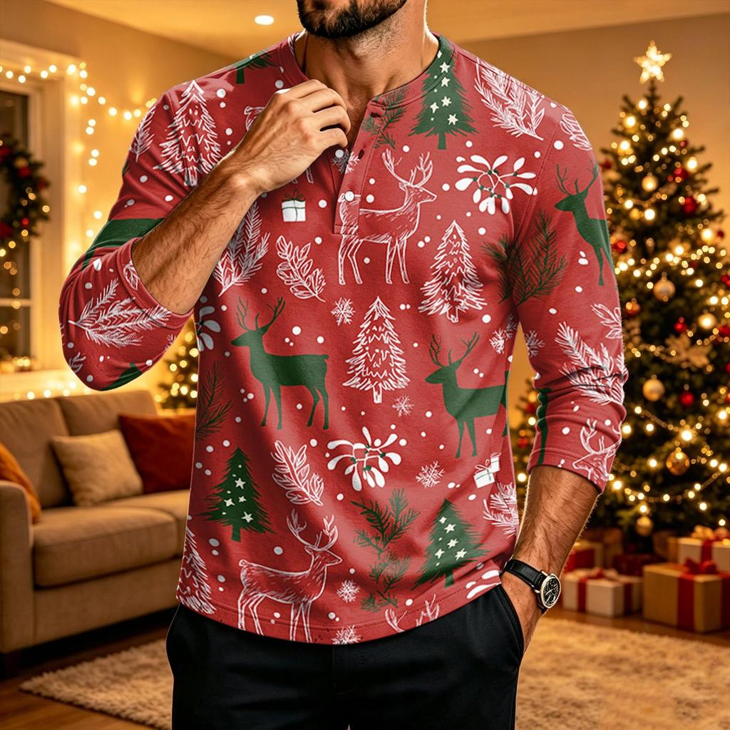 Men's Christmas Long Sleeve Shirt with Printed Design