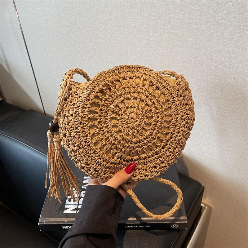 Women Hollow Straw Bag Circle Rattan Bag Round Soft Paper Rope Shoulder MessengerBag Tassel Summer Beach Handmade Crossbody Bags