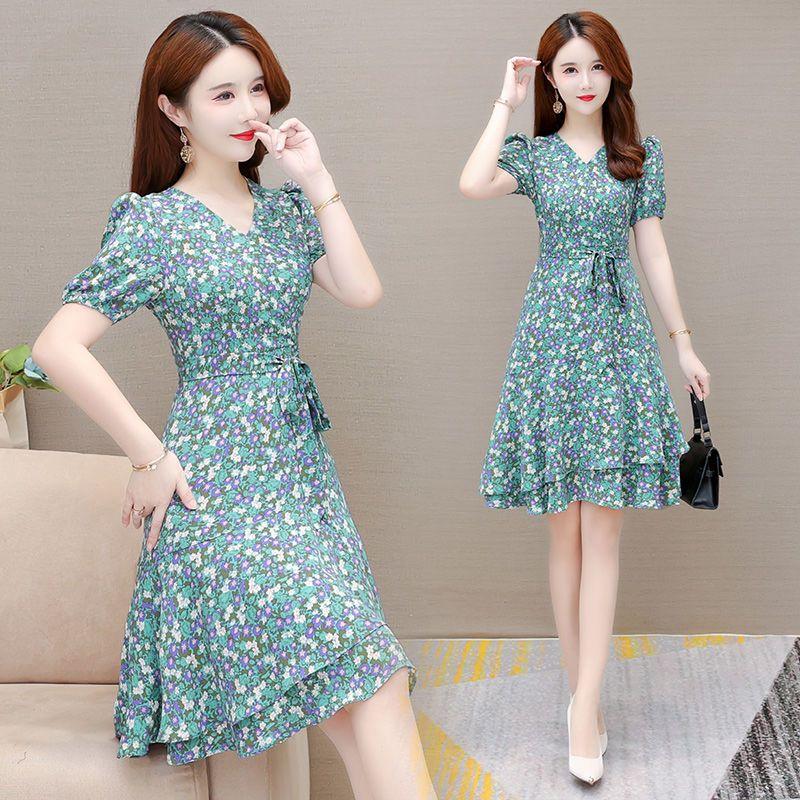 Vestido Midi Floral Morado de Manga Abullonada con Cuello en V para Mujer