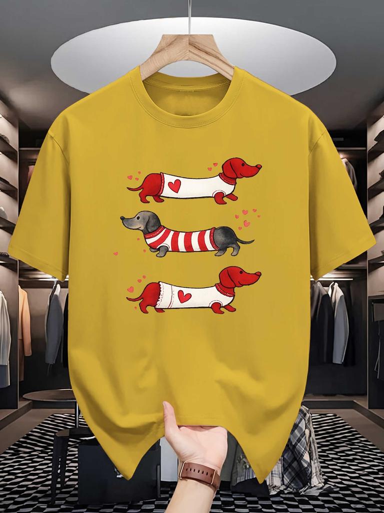 Unisex Crew Neck Tee Cute Dachshund Heart Graphic Print Soft Cotton Loose Breathable Short Sleeve Summer Casual Street Wear Tops