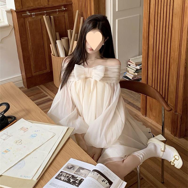 French Bow Shoulder Bubble Sleeve Chiffon Wrinkle Dress Sweet Off Shoulder Loose Elegant Fairy Short Skirt Female