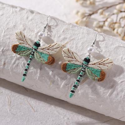 Vintage Women's Fabric Dragonfly Earrings Personalized Ethnic Style Cute Embroidery European and American Fun Party Gifts