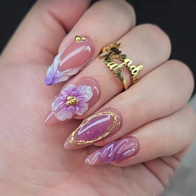 24PCS French Embossed 3D Press On Nail Gel 3D Flower Gold Beads Almond Shape Tablets Fake Nails Sweet Cute Style for Women Girls