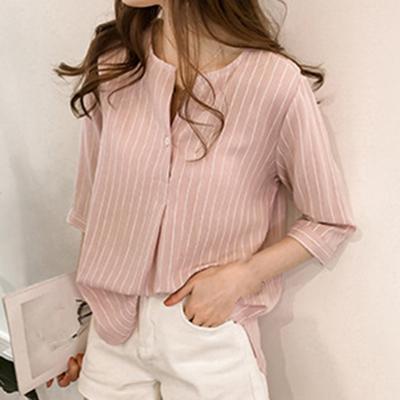 Sommerhemd Streifen 45355 Ärmel Damen Rundhals Locker Bluse für Date