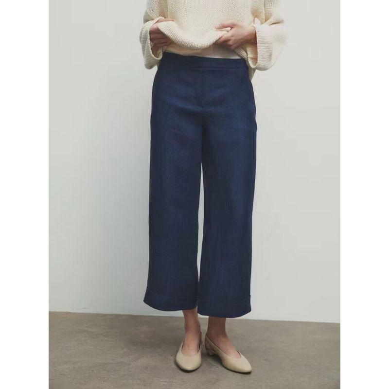 

MD Women s Clothing New Casual Laid-Back Style Loose Design Plaid Cotton Linen Straight-leg Cropped Pants 0505854440 Blue L