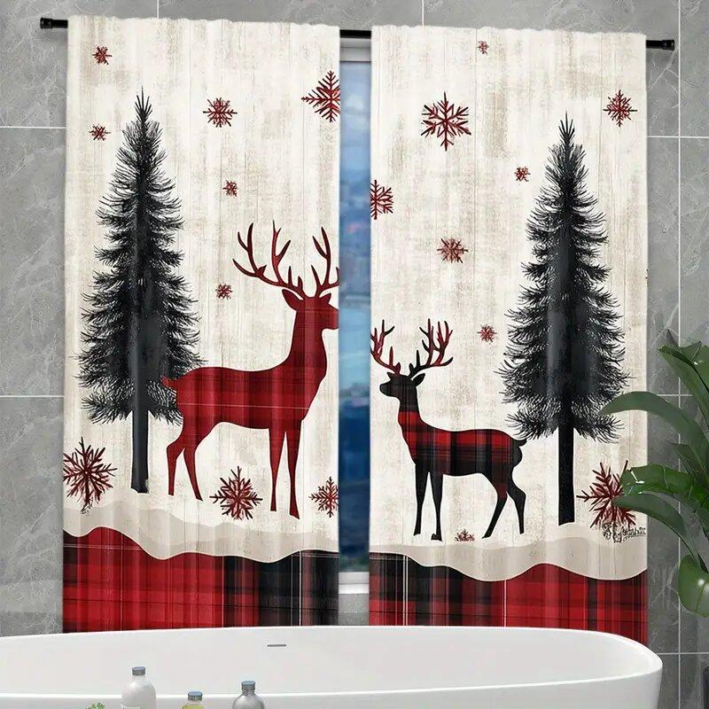 2 Stück - Weihnachtsvorhang kariert Weihnachtsrentier-, Baum- und Schneeflocken-Druckvorhänge, Heimdekoration, Raumdekoration