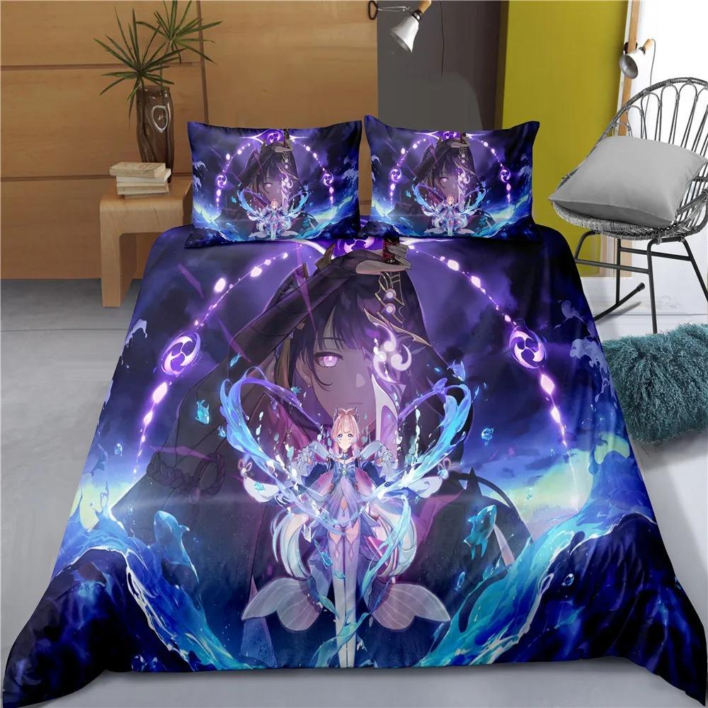 Comforter Indecor Genshin Impact Keqing Bedding Set Single Twin Full Size For Kids Adults Bedroom Decor