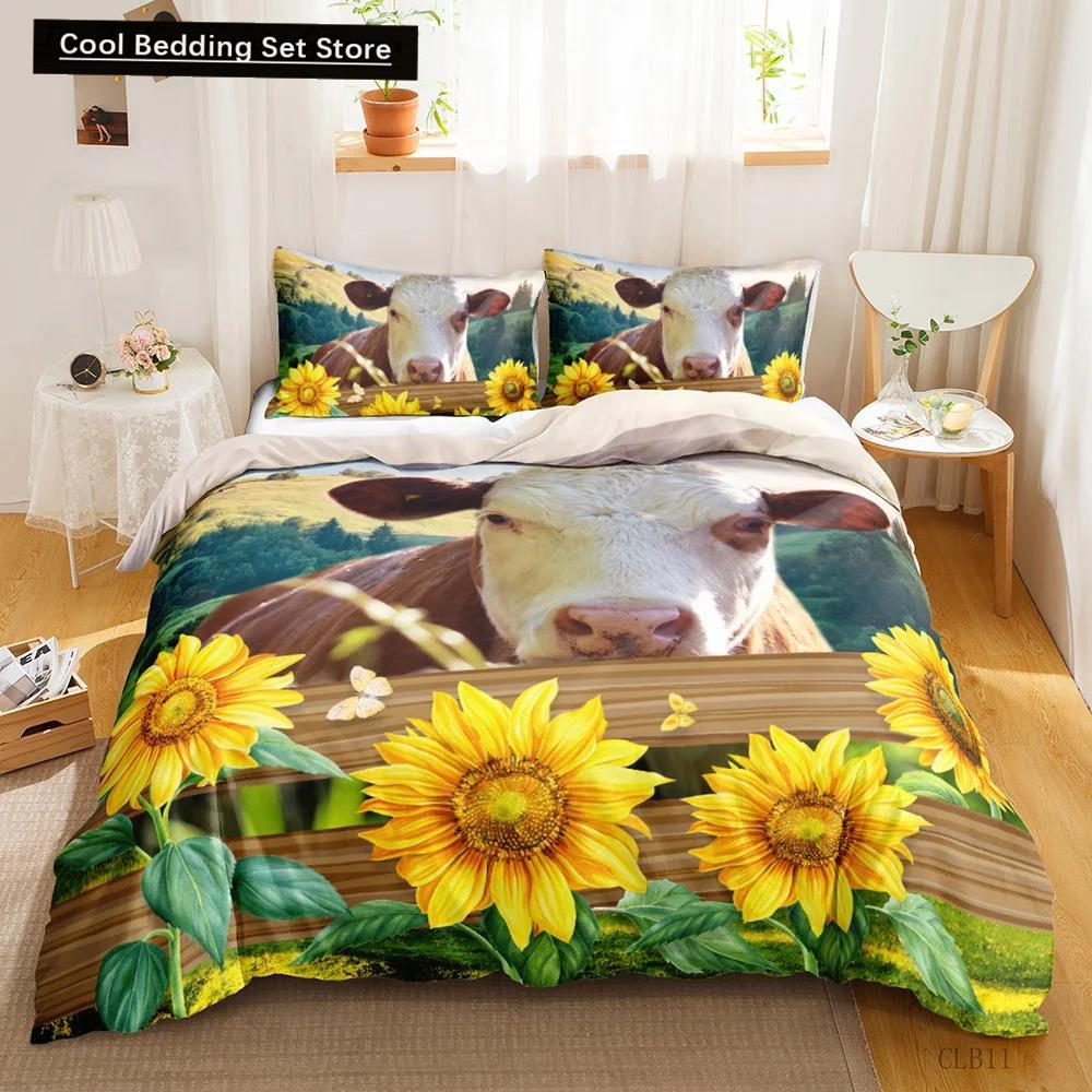 Cow Print Duvet Cover Animal Cow Doodle Cartoon Drawing Farming Husbandry Sunflower Polyester Bedding Set Twin Queen King Size