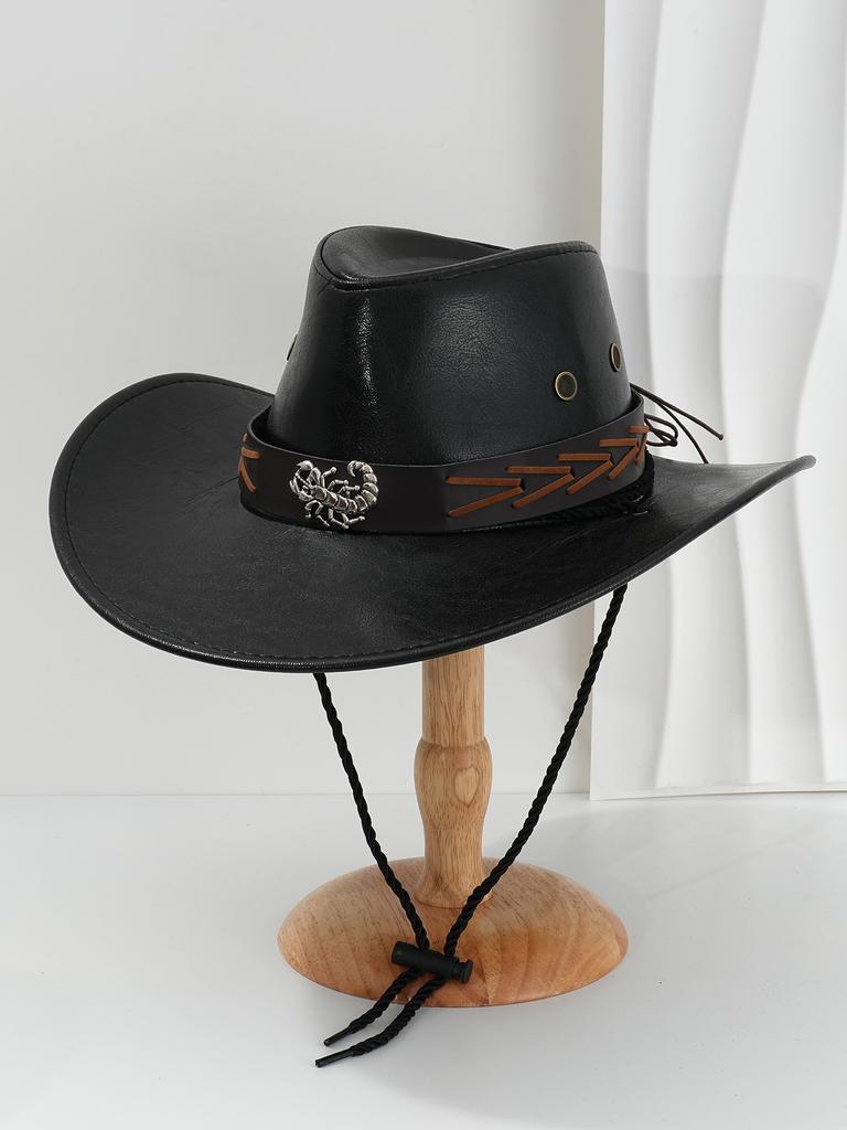Men's and Women's French PU Leather Cowboy Hats, Unique Metal Scorpion Braided Rope Belt Accessories, Suitable for Competitive Activities