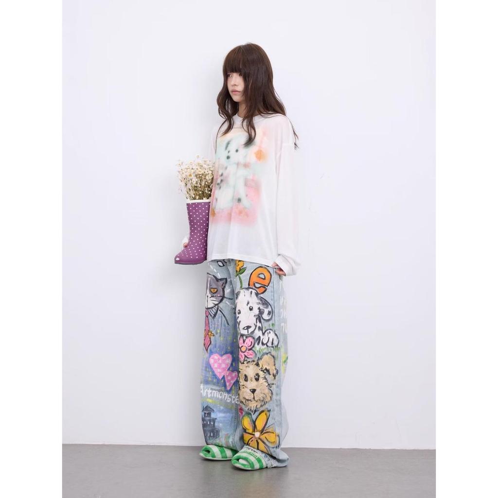 Men's Spring Retro Graffiti Print Wide-Leg Jeans: Casual, Cool, Loose-Fit