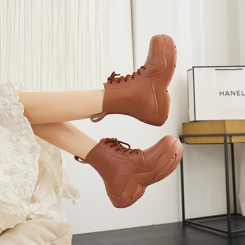 Fashion Rain Boots Women Thick Sole Outdoor Lace Up Non-slip Fashion Ankle Boots Work Solid Color Four Seasons Waterproof Zapatos Mujer