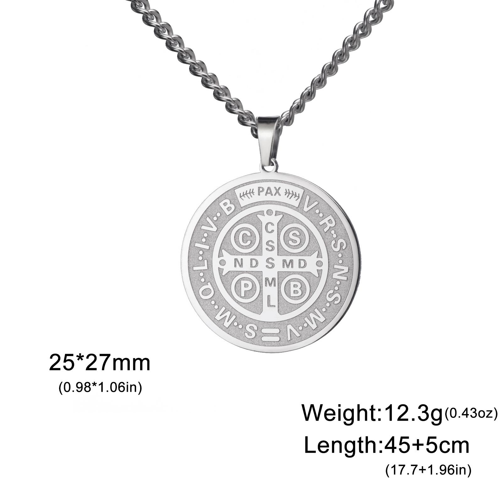

My Shape Saint Benedict Medal Pendant Necklace for Women Men Gold Plated Stainless Steel Round Double Sides Choker Jewelry Gifts 45cm