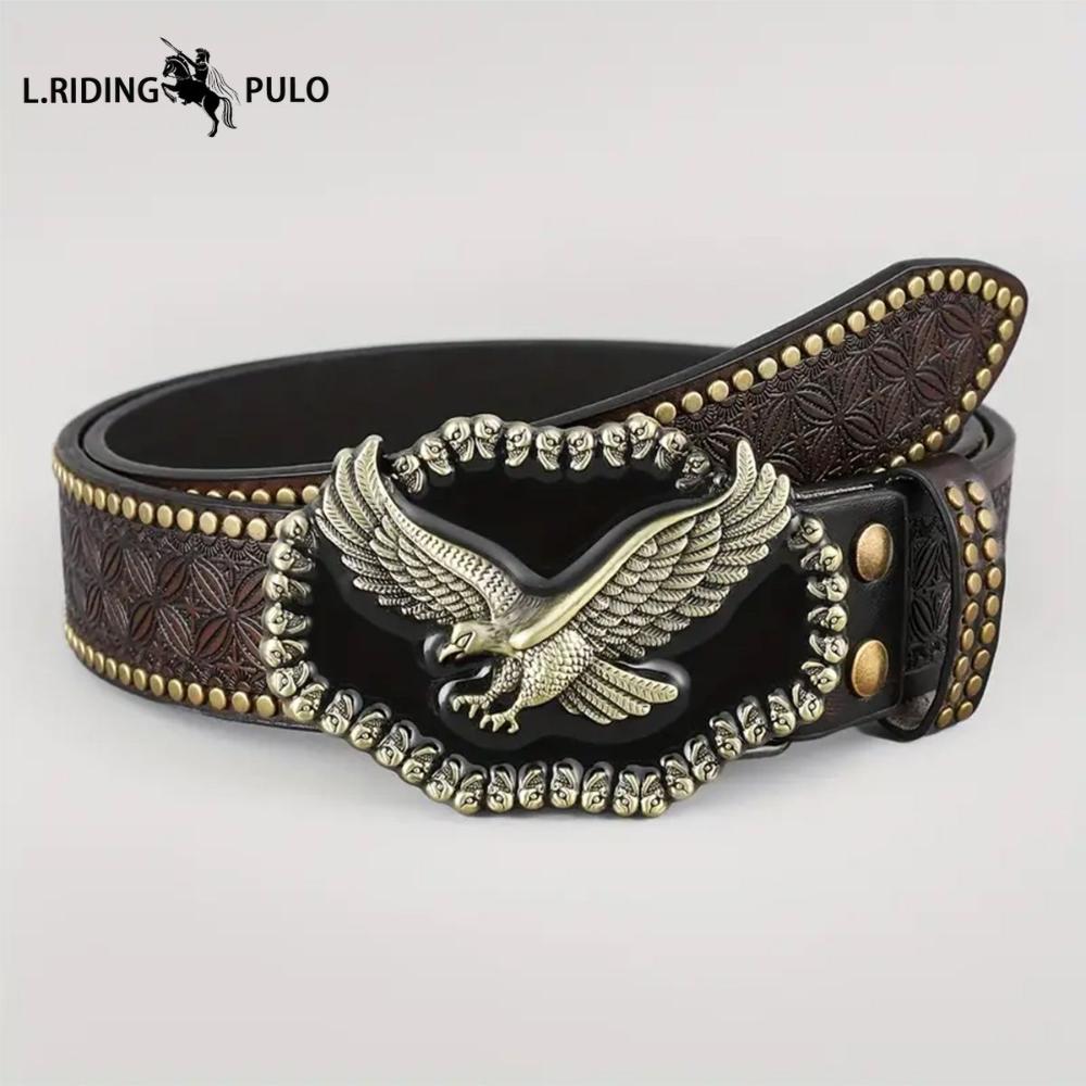 Cintura Western in Denim Tendenza Retro Gioventù Punk Rilievo Uomo Borchie Pelle Cintura