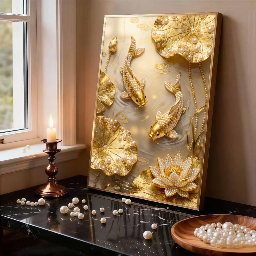 Crystal Pearl Painting 5D DIY Frame Decoration Painting Golden Koi Fish Home Wall Decoration Transparent Pearl Gemstone Painting Picture Art Crafts