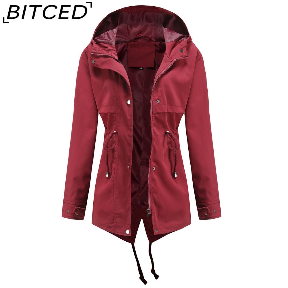 BITCED Lightweight Trench Coat Mid-Length Hooded Jacket Long Sleeves Fitted Waist Outdoor Rainproof Clothing