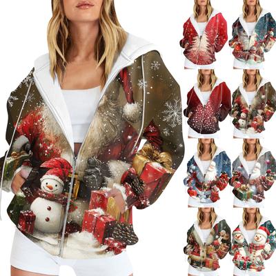 Ladies Fashion Casual Christmas Print Sweatshirt Autumn Winter Long Sleeve Cardigan Jacket With Pocket Zipper Hoodie Jacket