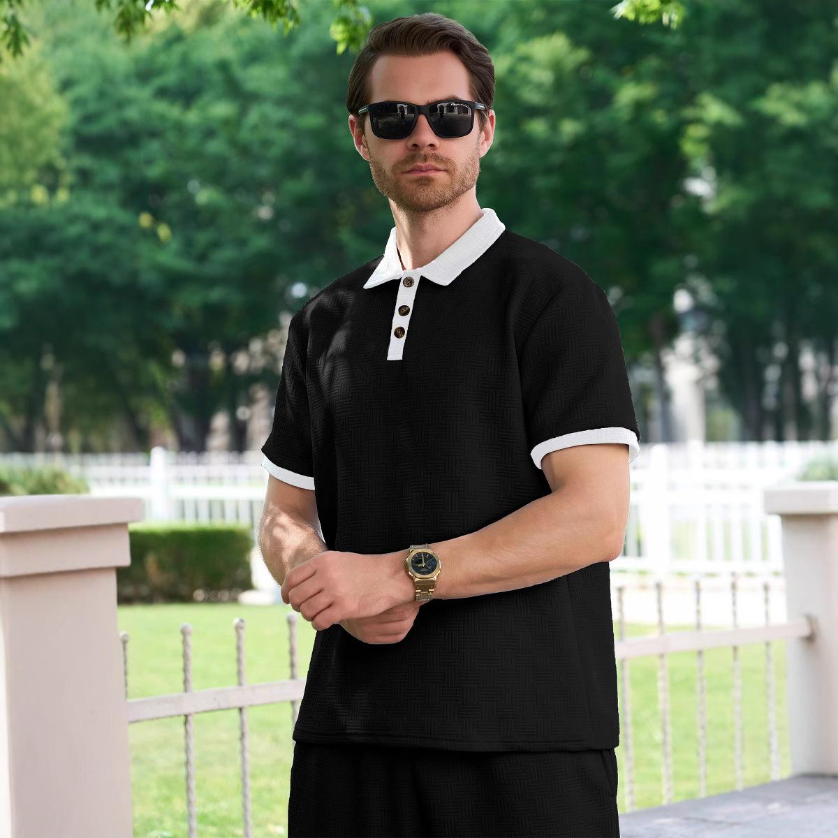 New men s fashionable jacquard two-tone casual short-sleeved polo shirt with a turn-down collar and buttons S чёрный