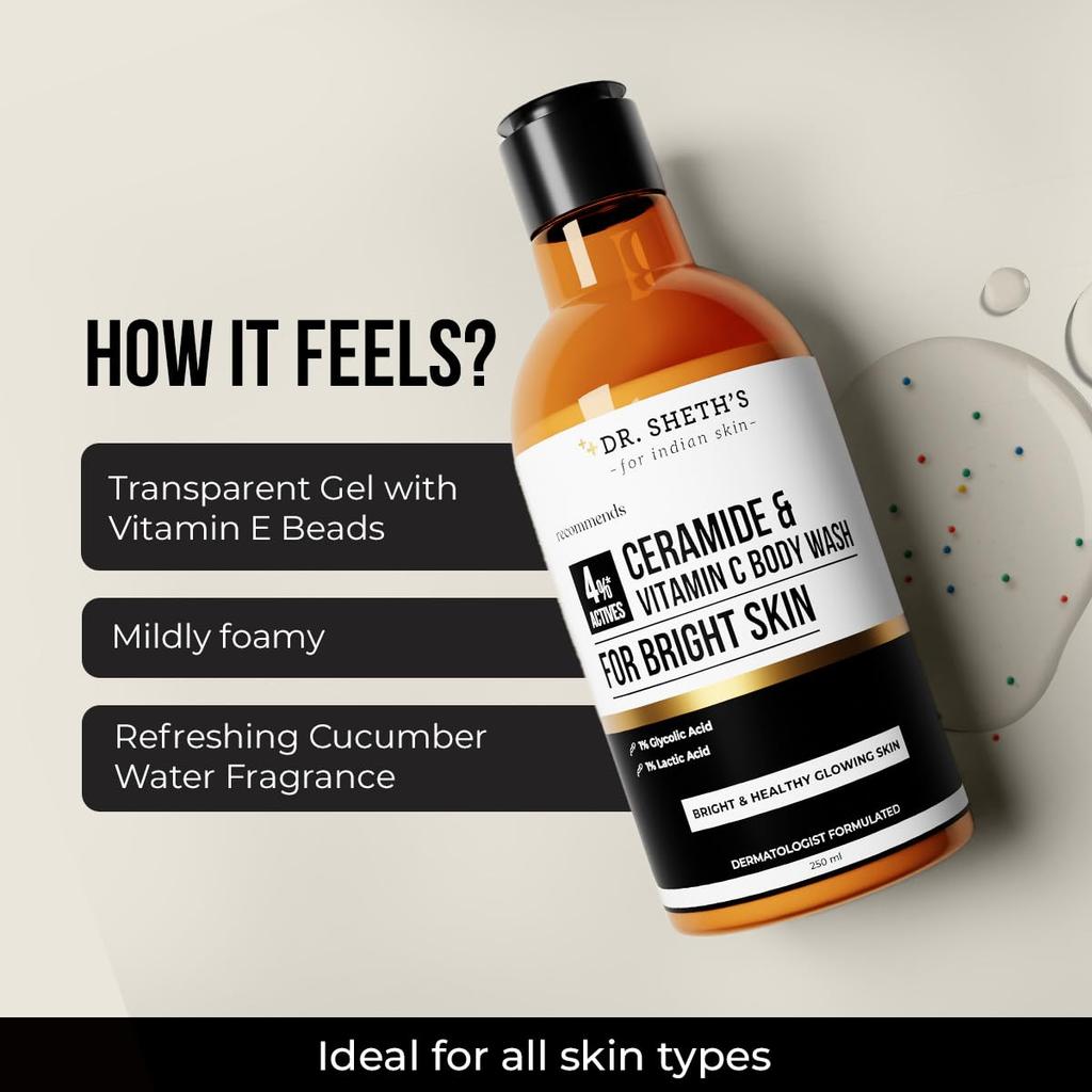 Dr. Sheth's Ceramide & Vitamin C Body Wash 250 ml Pack | Gentle Exfoliating Shower Gel for Bright Glowing Skin