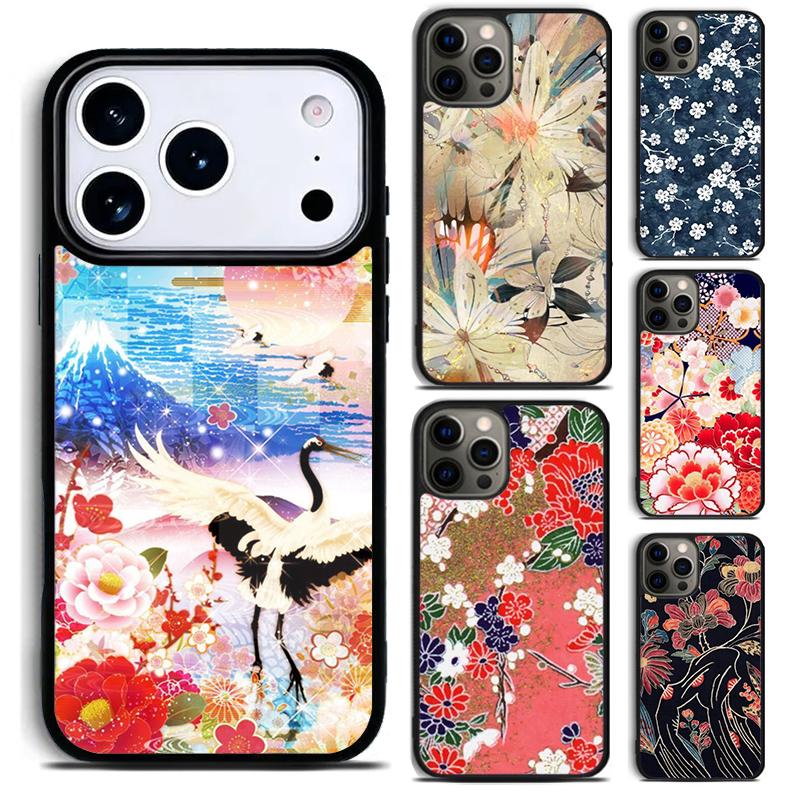 Japanese Style Floral Texture Phone Case for iPhone 17 16 15 Pro Max Air 14 13 12 11 Plus Shockproof Cover