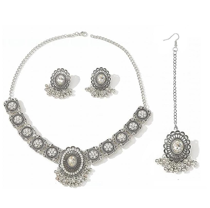 

Vintage Indian Style Rhinestone Tassel Choker Necklace Earring Set Fashion Jewelry for Women серебряный