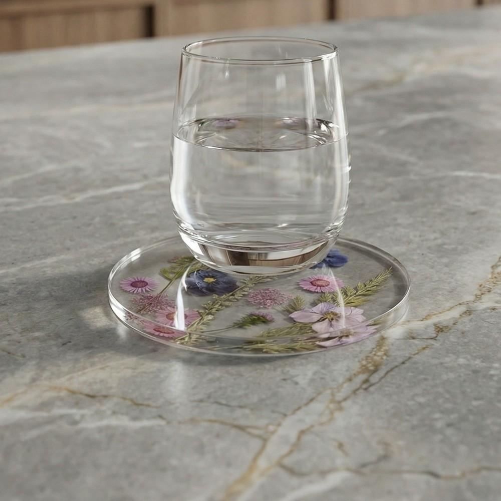 Round Floral Print Coasters Transparent Cup Mat Durable Insulation Pad Tea Table