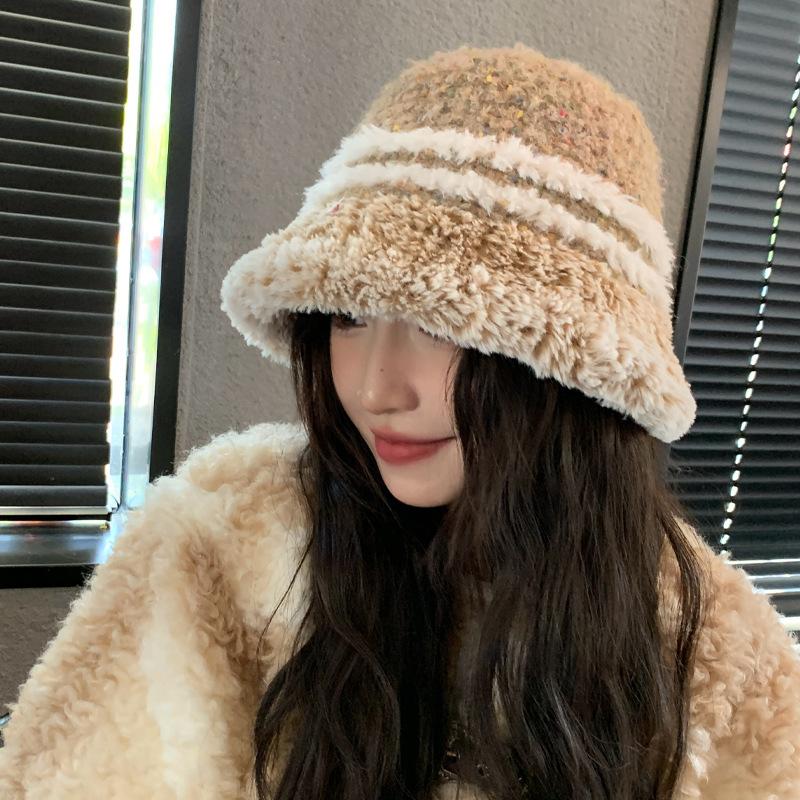 Plush Thickened Hat Women's Color Knitted Bucket Hat Winter Face Small Striped Basin Hat Tide