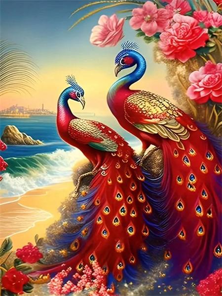 Pełny okrągły zestaw do malowania diamentami Pawie kwiaty Dekoracja domu Haft mozaika Zwierzęta Sztuka ścienna