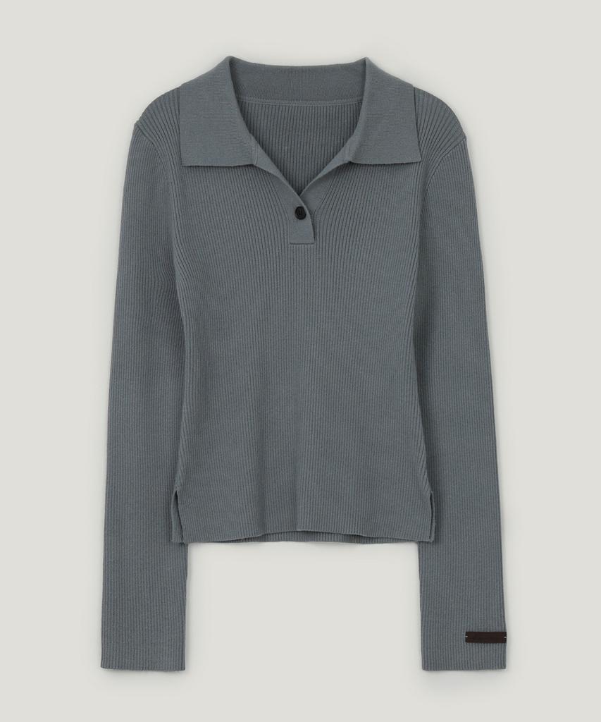 TWEE Sheeran One-Button Collar Ribbed Long Sleeve Knit