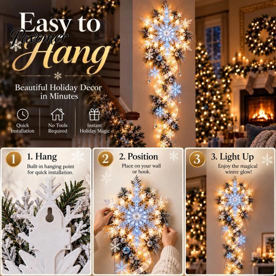 Fireplace Hanging Decorations Giant Snowflake Blizzard Trail Light, Acrylic Christmas Wall Decor with Warm Glow, Festive Window Holiday Party Ornament
