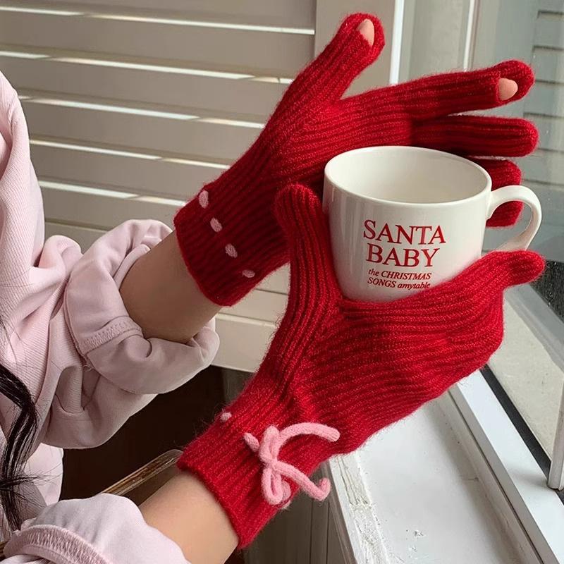 Damen Strick Schleifenhandschuhe Winter Warm Touchscreen Handschuhe Vollfinger Kawaii Japanische Jk Fahrradhandschuhe Y2K Accessoires