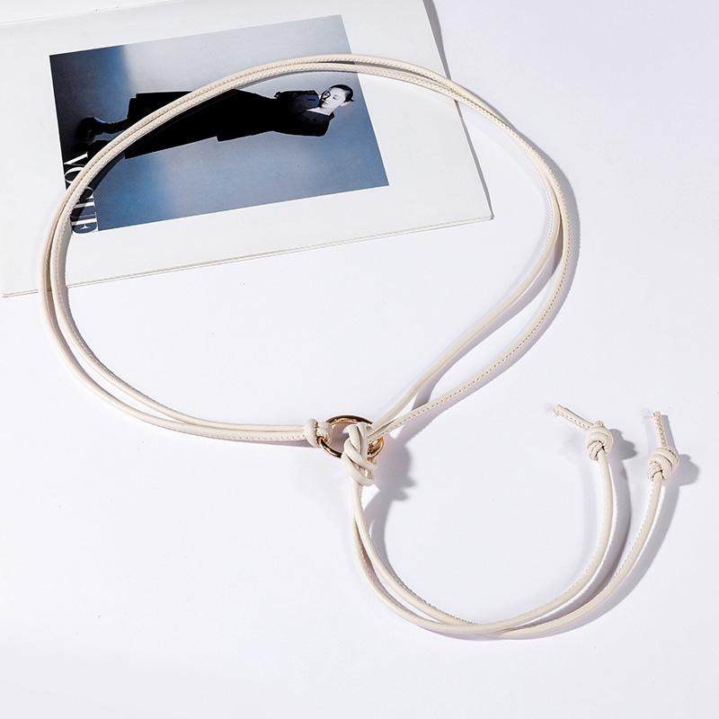 Women Metal Round Ring Leather Rope Knotted Belt Solid Color Long Thin Skinny PU Waistband Female Dress Skirt Decorative Straps